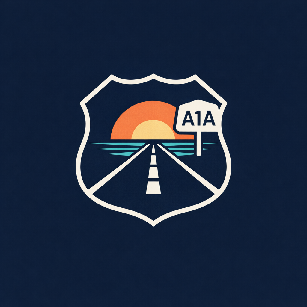 A1A Highway badge with sunset over ocean